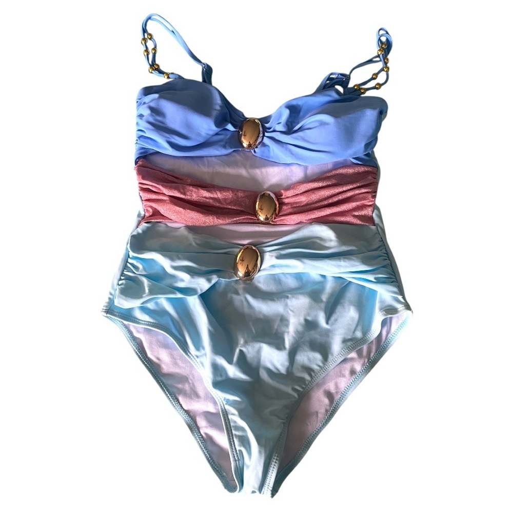 Elegant Blue and Pink One-Piece Swimsuit with Wrapped Bodice